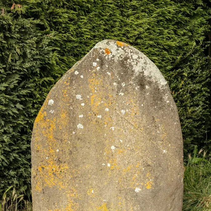 Vue rapprochée de la statue-menhir du Moulin de Louat